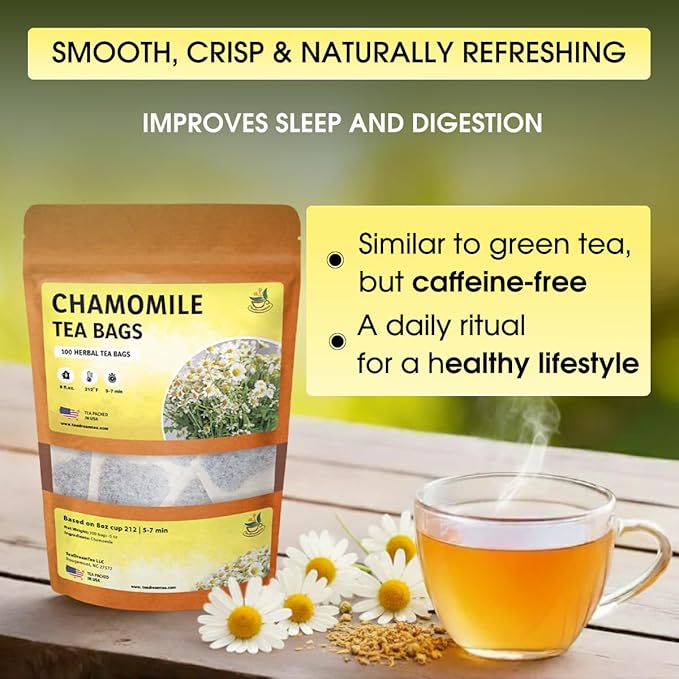 Chamomile Tea Bags - 100 Bags (Premium Natural Pure Leaf Tea - 100 Count) Gluten-Free and Caffeine-Free Herbal tea for Relaxation, Wallness, Immune Support with Smooth Taste