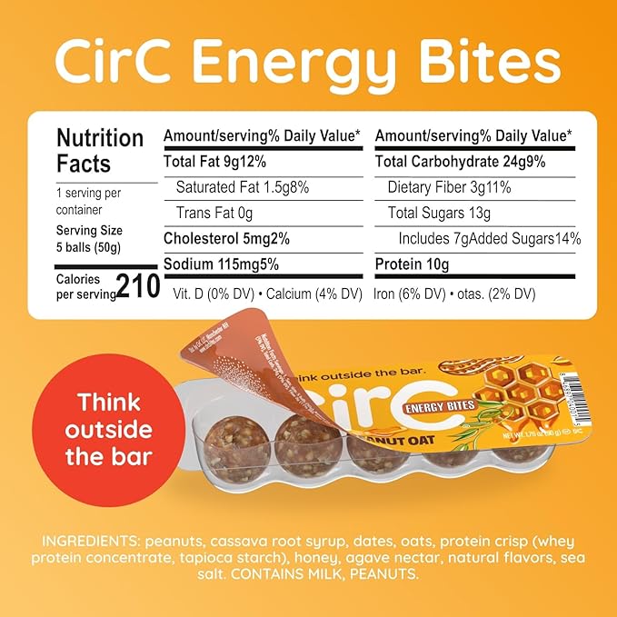 CirC Energy Bites - 12 Pack Honey Peanut Oat Gluten Free Protein Balls - 10g Protein, Whole Grains, Nuts & Fruit - Portable Healthy Snacks for Adults & Kids, 5 Piece Resealable Packs