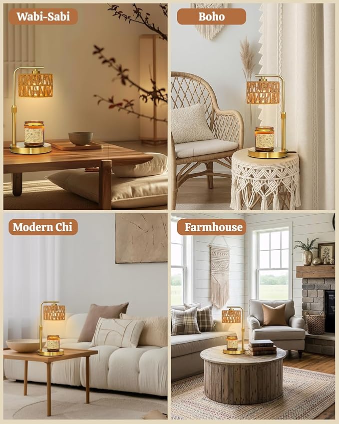 Candle Warmer Lamp with Timer, Dimmable Candle Warmer for Jar Candles, Height Adjustable Wax Melts Warmer, Boho Rattan Lampshade and 2 Bulbs, Gift for Home Room Decor, Gifts for Women Mom (Gold)