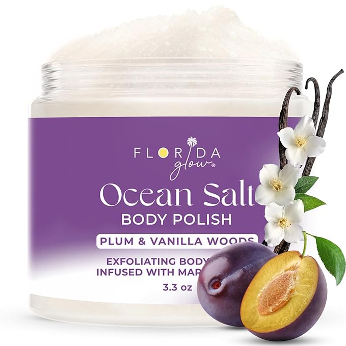 Sea Salt Body Scrub by Florida Suncare - Ocean Salt Body Polish Infused with Marine Algae - Exfoliating Face and Body Scrub -Facial Scrub Exfoliator to Tackle Acne, Scars (Plum & Vanilla Woods, 3.3oz)