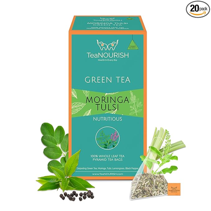TeaNOURISH Moringa Tulsi Green Tea | 20 Count Pyramid Tea Bags | Darjeeling Whole Leaf | 100% Natural Moringa & Tulsi Leaves | Immune Support Tea
