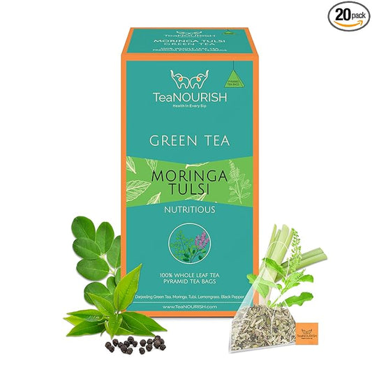 TeaNOURISH Moringa Tulsi Green Tea | 20 Count Pyramid Tea Bags | Darjeeling Whole Leaf | 100% Natural Moringa & Tulsi Leaves | Immune Support Tea