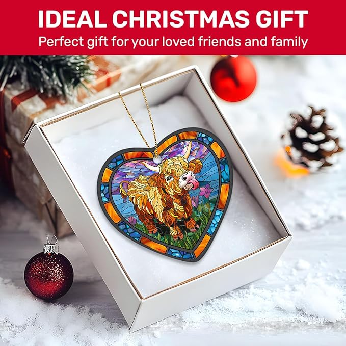 1pc 2 Side Printed Highland Cow Ceramic Ornament 2025, Heart-Shaped Christmas Tree, Cute Keepsake Decoration