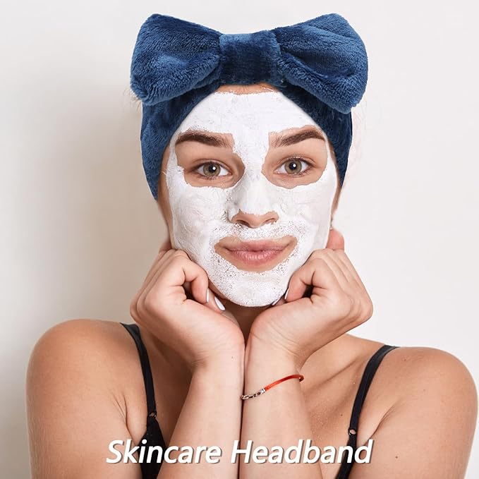 VELSCRUN Spa Headband, Makeup Face Wash Skincare Headbands, 6 Pcs Dark Blue Sponge Bow Tie Get Ready HairBand Facial Wristband Set, Stuff for Teen Girls Women Trendy Fashion Hair Accessories