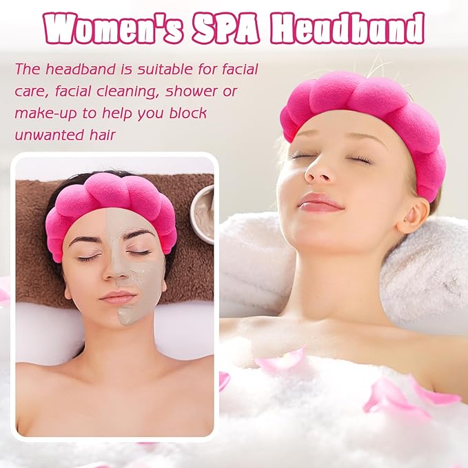 Zkptops Spa Headband for Women Sponge Makeup Skincare Headband Washing Face Wristband Set Terry Cloth Bubble Soft Get Ready Hairband Puffy Padded Headwear Non Slip Thick Hair Accessory(Hot Pink-2)
