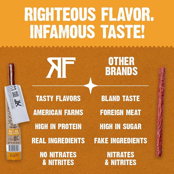 Righteous Felon Meat Sticks | 100% Pork Sticks | Gluten Free & Keto Meat Sticks | Low Sugar & High Protein Pork Sticks | Healthy Snack for Adults | Jerky Gifts for Men | Street Taco, 10 Pack