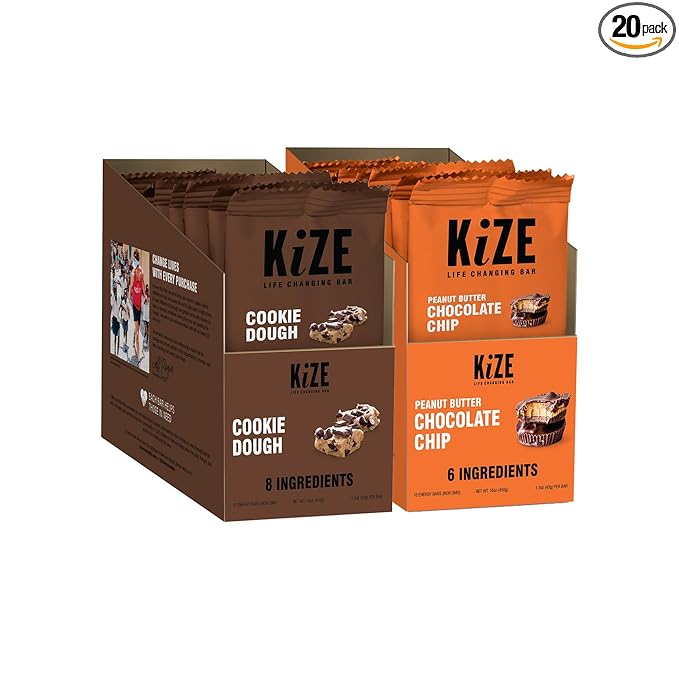 KiZE Energy Bars - Peanut Butter Chocolate Chip & Cookie Dough Bundle - 20-Count - Gluten Free, Dairy Free Options, Non-GMO, and High Protein Meal Replacement Energy Bars, Clean and Simple Food Ingredients - 10g High Protein Snacks (20 Count)