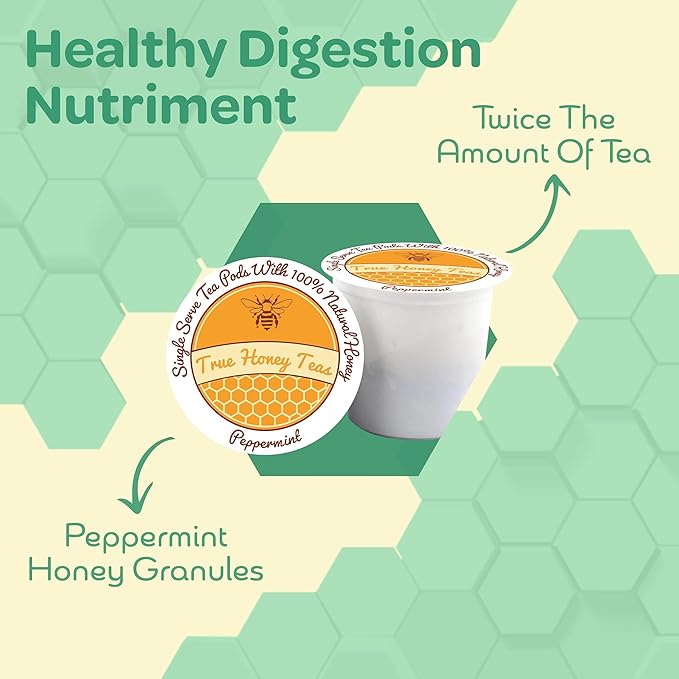 True Honey Peppermint Tea Pods - Honey Crystals Blended In Every Tea Pod - Healthy Digestion Nutriment - All Natural Organic Herbal Caffeine Free Tea Pod 22 Count