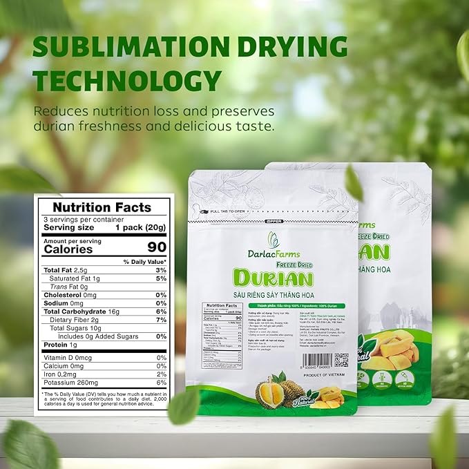 DARLAC FARMS Freeze Dried Durian Bites Pack 2 (0.7 Oz x 6 Counts), Premium Organic Crispy Crunchy Natural Healthy Fruit Snacks for Kids & All Ages, No Sugar Added