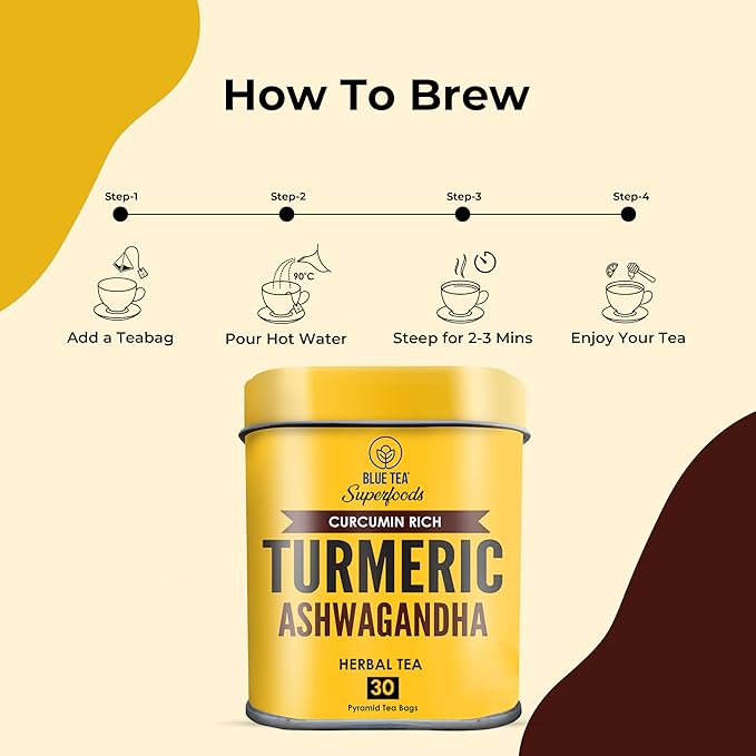 BLUE TEA - Turmeric Tea - Ashwagandha - 30 Count - Pyramid Plant Based Tea Bag | CURCUMIN RICH - HERBAL BLEND | Herbal Tea - Caffeine Free - Non-GMO - Vegan - Gluten Free - No Sugar | Reusable Tin Pack