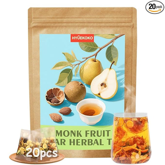 20 Bags Monk Fruit Pear Tea, Caffeine-Free Natural Ingredients Herbal Tea Bags, Supports Lung Cleanse, No Additives, Daily Enjoyment Tea for Women