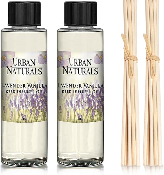Urban Naturals Lavender Vanilla Scented Oil Reed Diffuser Refill and Reed Sticks – Lavender Blossom, Creamy Vanilla, White Woods and Sugared Musk, 4 oz (2 Pack)