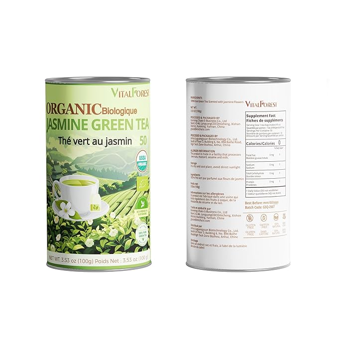 Organic Jasmine Green Tea Bags| 50 Count Unbleached ECO-Conscious Jasmine Tea Bags| VitalForest Te Verde Organico Natural Green Tea Loose Leaf| Canister Pack for Freshness
