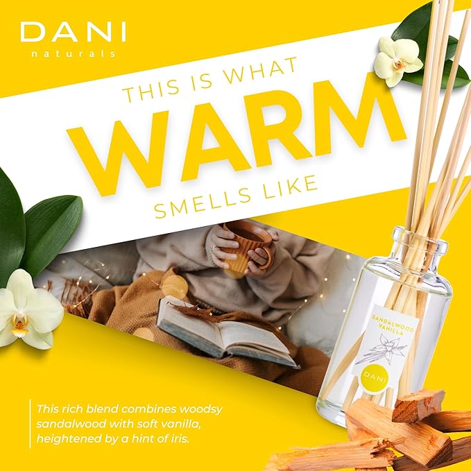 DANI Naturals Reed Diffuser Set - Vanilla Sandalwood Scent - Aromatherapy Essential Oils - Alcohol-Free, Non-Toxic - 10 Sticks - 3.5 oz