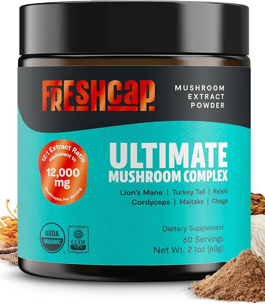 FreshCap Mushrooms Ultimate Mushroom Supplement Powder 12,000mg - Nootropic Organic Mushroom Complex for Focus & Memory, Brain Support Supplement, Ayurveda Mushroom Powder Extract (60 Servings)