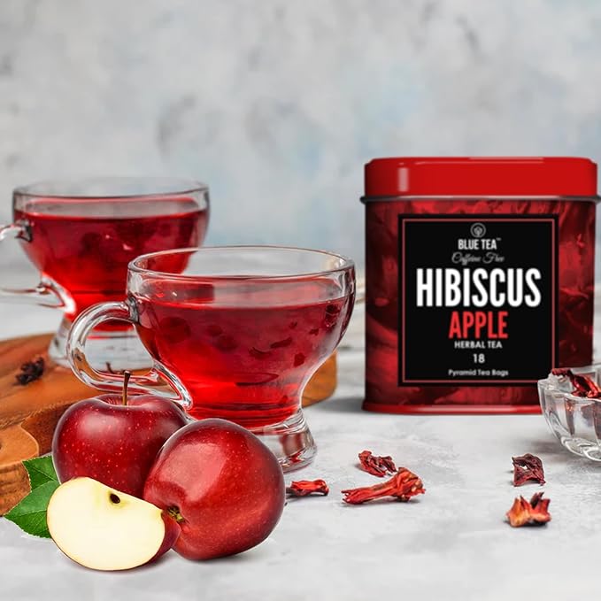 BLUE TEA - Hibiscus Tea - 18 Count - Apple Flavor - Pyramid Plant Based Tea Bag | SKIN GLOW ENHANCING TEA | Herbal Tea - Caffeine Free - Flower Based - Vegan - Non-GMO | Reusable Tin Packaging