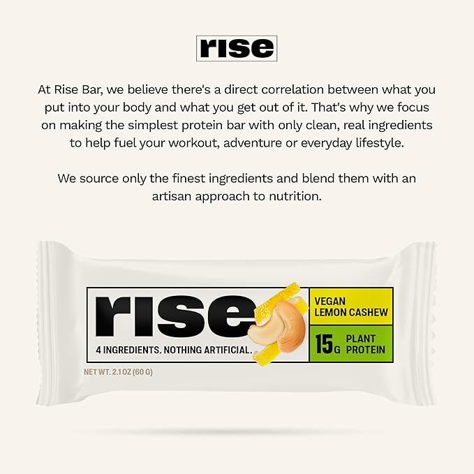 Rise Pea Protein Bar - Vegan Lemon Cashew | Breakfast Bar & Protein Snack 15g Protein Just 3 Whole Food Ingredients Non-GMO Gluten-Free Soy Free