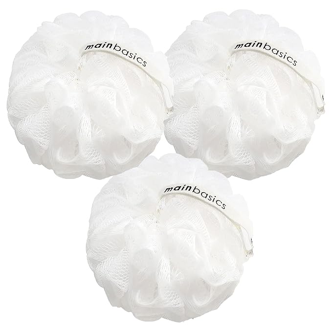 MainBasics Bath Shower Loofah Sponge Pouf Body Scrubber Exfoliator Body Wash Sponge (Set of 3, Snow White)