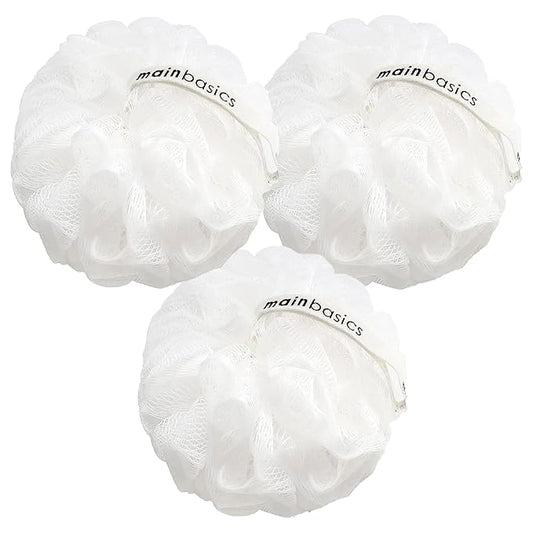 MainBasics Bath Shower Loofah Sponge Pouf Body Scrubber Exfoliator Body Wash Sponge (Set of 3, Snow White)