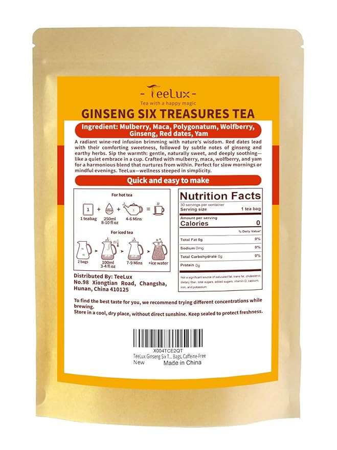 TeeLux Ginseng Six Treasures Tea, Traditional Chinese Herbal Tea Blend with Ginseng, Mulberry, Goji Berry, Yam, 30 Biodegradable Pyramid Bags, Caffeine-Free