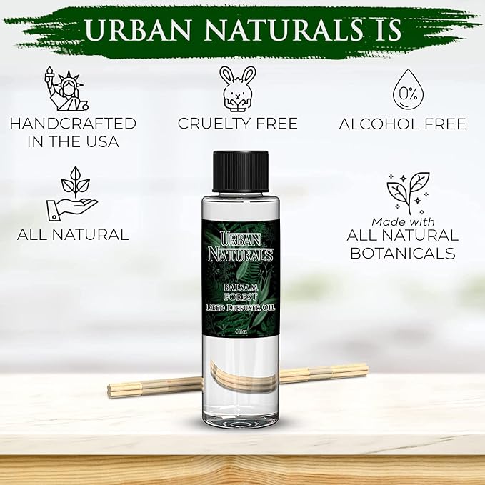 Urban Naturals Balsam Forest Oil Reed Diffuser Refill + Free Set of Reed Sticks - Fragrance Notes of Pine Fir Needles, Evergreen, Woodsy Cedar and Sandalwood β Vegan, 4 oz Made in The USA
