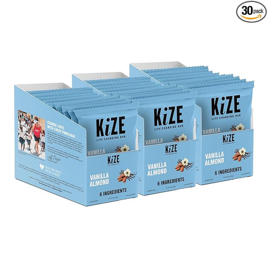 KiZE Energy Bars - Vanilla Almond - 30-Count - Gluten Free, Non-GMO, and High Protein Meal Replacement Energy Bars, Clean and Simple Food Ingredients - 10g High Protein Snacks (30 Count)