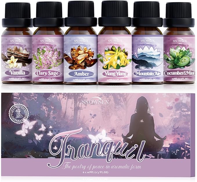 Tranquil Diffuser Oils, SNOWSEN Essential Oil Set for Diffuser, Soap & Candle Making, Aromatherapy Oils Gift Set Includes Amber, Vanilla, Cucumber & Mint, Clary Sage, Ylang Ylang, Mountain Air