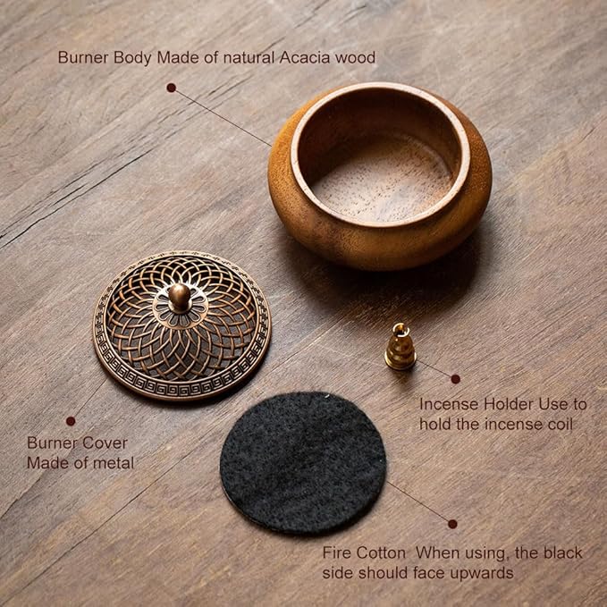 Round Wooden Incense Burner & Holder - 4" Handcrafted Natural Wood Censer with Alloy Lid, Heat-Resistant Tray for Sticks, Cones, Sage, Frankincense (Meditation, Yoga, Home Decor)