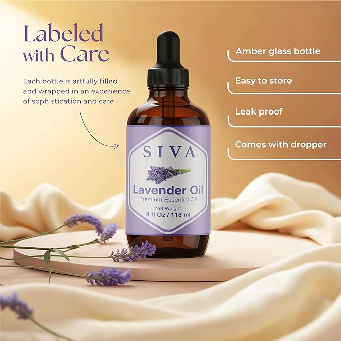 SIVA Lavender Essential Oil - 4 Fl Oz – Natural Lavender Oil - for Diffuser, Face, Skin Care, Aromatherapy, Hair Care, Scalp and Body Massage - with Dropper