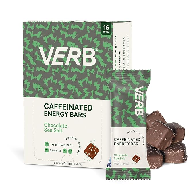 Verb Caffeinated Energy Bars Chocolate Sea Salt (26g, Pack of 16) 110-Calorie Delicious Low Sugar Energy Bar - Vegan Gluten Free On-the Go Snack with 80mg Green Tea Caffeine Only Real-Food Ingredients