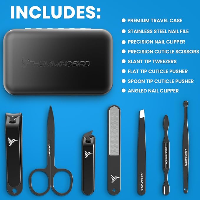 HUMMINGBIRD Manicure Kit for Men, 7 Piece Stainless Steel Mens Nail Grooming Kit with Travel Case, Includes Mens Nail Clippers Set, Nail File, Slant Tip Tweezers, Cuticle Scissors, Nail Care Tools