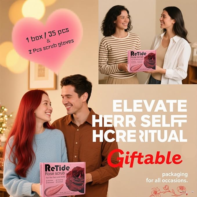 Rose Body Scrub Gift Set - 35 Packets & 2 Pcs Exfoliating Gloves,Exfoliating & Moisturizing Sugar Scrub for Face & Body, Self Care Gifts for Women