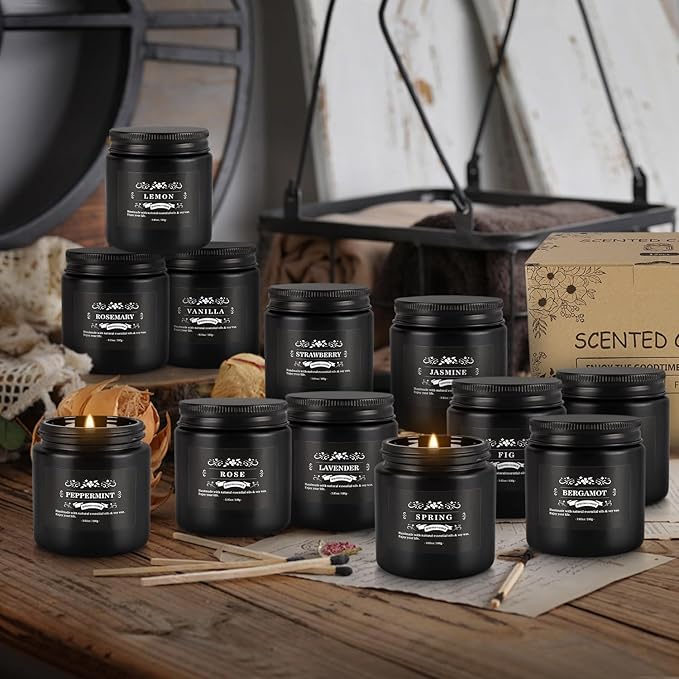 Scented Candle Set 12 Pack,Black, Candle for Home Scented, Odor Eliminating, Stress Relief, Long Lasting Soy Wax Gift Set