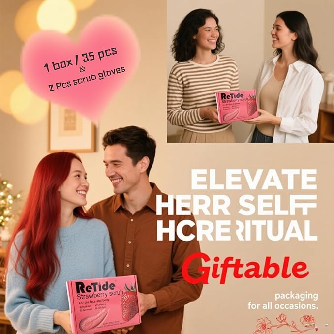 Strawberry Body Scrub Gift Set - 35 Packets & 2 Pcs Exfoliating Gloves,Exfoliating & Moisturizing Sugar Scrub for Face & Body, Self Care Gifts for Women