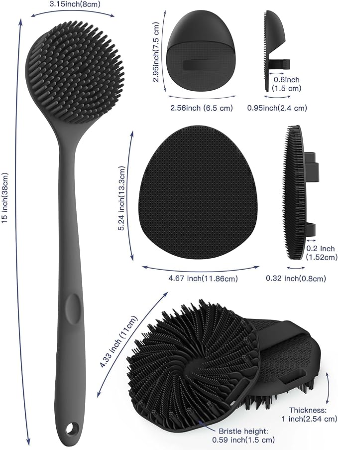 Manmihealth Silicone Back Scrubber & Soft Bath Glove Set 4 PCS(Thick Bristles), Super-Exfoliating Body Scrubber & Super-Lathering Shower Brush Combination, with 2 Free Hooks (Black)
