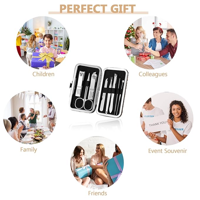 Geosar 12 Set 8 in 1 Manicure Set Stainless Steel Nail Clippers Kit Pedicure Care Tools with Leather Case Travel Grooming Kit Gift for Women Men(Glitter Rose Gold)