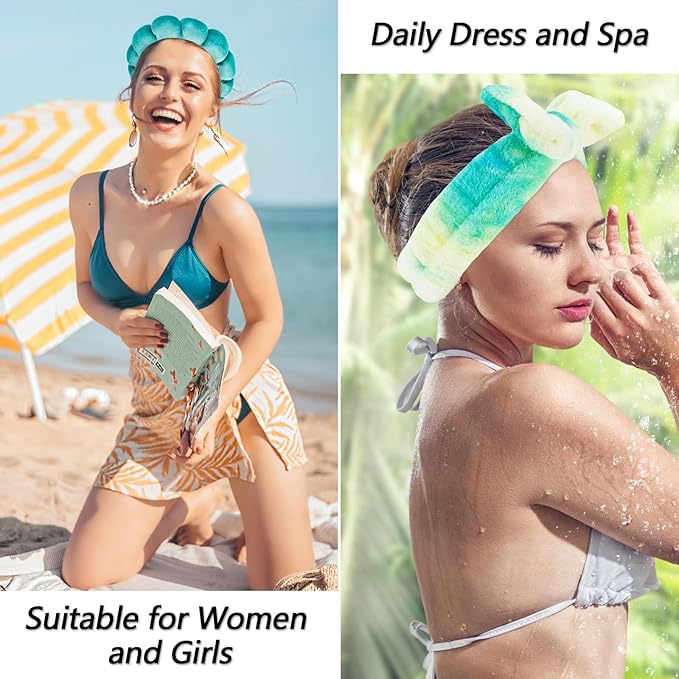 VELSCRUN Spa Headband, Makeup Face Wash Skincare Headbands, 6 Pcs Green Colorful Sponge Bow Tie Get Ready HairBand Facial Wristband Set, Stuff for Teen Girls Women Trendy Fashion Hair Accessories