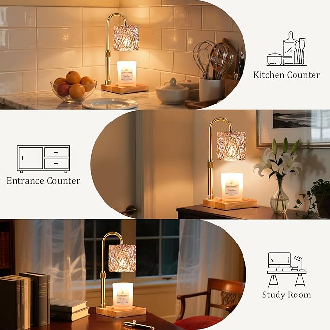 Hong-in Candle Warmer Lamp with Timer -Dimmable Adjustable Height,House Warming Gifts New Home,Vintage Home Decor with Elegant Amber Glass,Birthday Gifts for Women, Mom, Friend and Sister