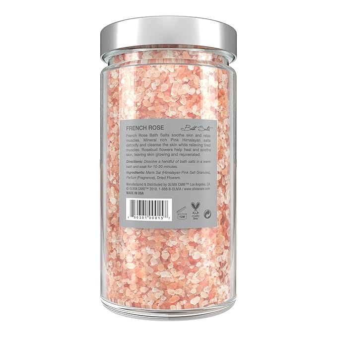 Olivia Care Pink Himalayan Bath Salts with French Rose - Relieves & Relax Muscles. Exfoliate, Heal, Rejuvenate, Cleansing & Soothes Skin | Made with Natural Ingredients. Fresh Fragrance - 12 OZ