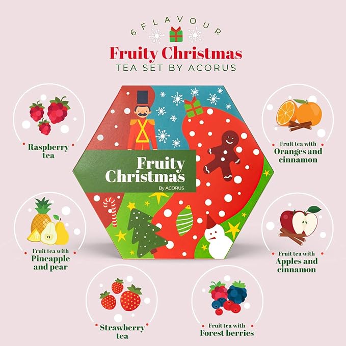 ACORUS Fruity Christmas Tea Set, Fruit Tea Gift Set, 60 Assorted Tea Bags Variety Pack, Fruit Tea Sampler, Specialty Tea Bags Individually Wrapped, Tea Gifts for Women, Men, Tea Lovers