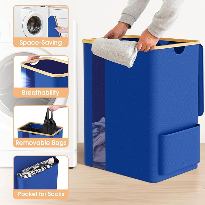 Laundry Basket Clothes Hamper with Lid and Pocket Large Collapsible Laundry Baskets with Handle, Blue Freestanding Hampers for Bedroom Aesthetic, Dorm, Bathroom, Laundry Room (150L)