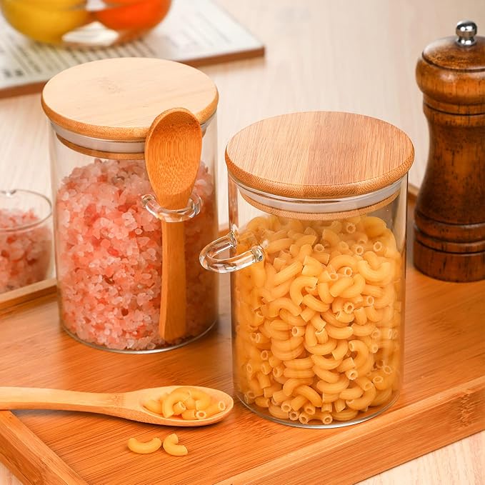 WHJY Glass Glass Jar with Lid and Spoon, Airtight Glass Jars bamboo lids, overnight oats jars, Dog Treat Jar for Pet, Glass Candy Cookies Coffee Canister Jar Bath Salt Container - 20 oz (1)