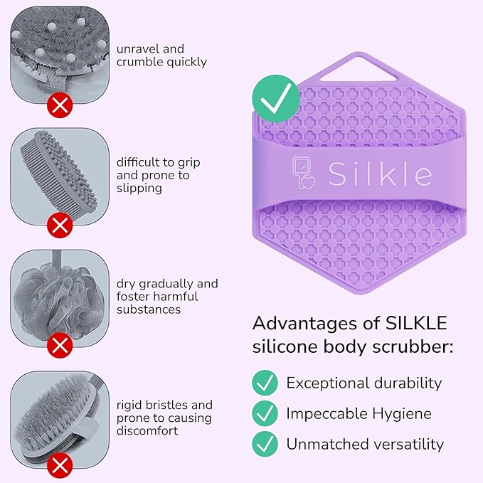 Silicone Body Scrubber - Exfoliating Bath Brush and Skin Cleanser - Shower Sponge for Gentle Body Scrub and Wash - Silicone Scrubbing Care Tool for a Refreshed and Renewed You - Purple