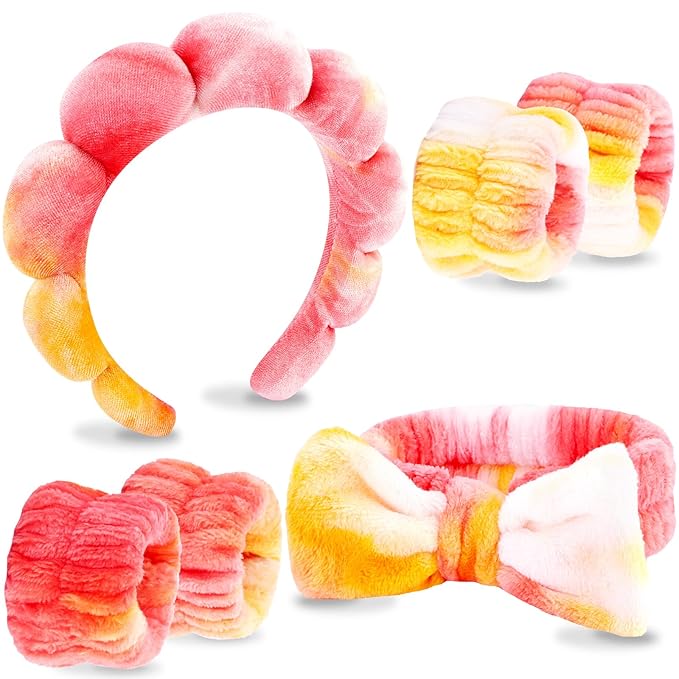VELSCRUN Spa Headband, Makeup Face Wash Skincare Headbands, 6 Pcs Orange Sponge Bow Tie Get Ready HairBand Facial Wristband Set, Stuff for Teen Girls Women Trendy Fashion Hair Accessories