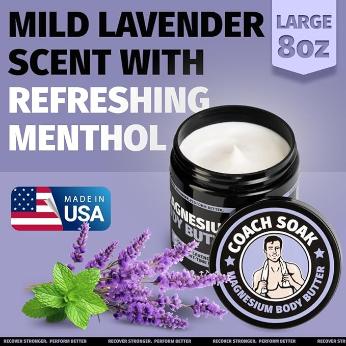 Coach Soak Recovery Bath Soak & Nighttime Magnesium Body Butter Bundle - Calming Lavender Scent - 3lb Bath Salts & 8oz Body Cream with Essential Oils, Magnesium & Shea Butter