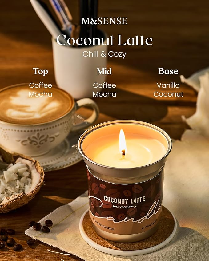 M&SENSE Coconut Latte Scented Candle, Soy Wax 12.3oz 75 Hours Long Lasting Clean Burn, Coffee Smelling Kitchen Candles for Home, Non-Toxic Relaxing Aromatherapy Gifts for Women