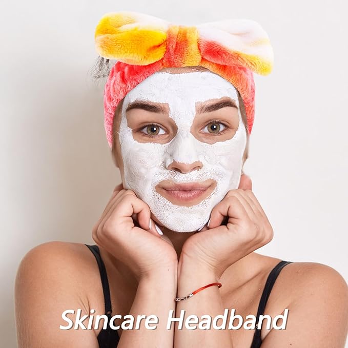 VELSCRUN Spa Headband, Makeup Face Wash Skincare Headbands, 6 Pcs Orange Sponge Bow Tie Get Ready HairBand Facial Wristband Set, Stuff for Teen Girls Women Trendy Fashion Hair Accessories