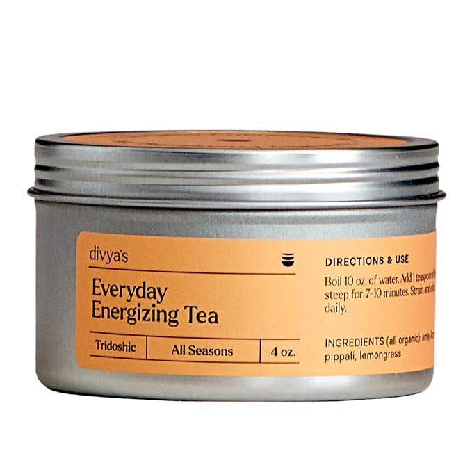 Divya's Everyday Energizing Ginger Tea, Uplifting Ayurvedic Herbal Tea with Amla, Lemongrass, Nettles, & More, Caffeine Free, Organic, Non-GMO, Ayurvedic, Loose Leaf Tea