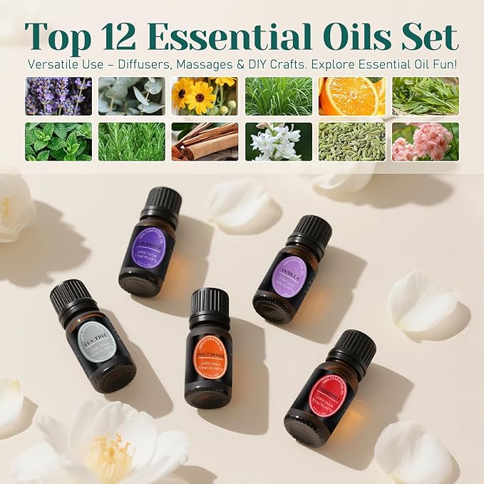 100% Natural Pure Essential Oils Set - Top 12 Organic Undiluted Oils for Aromatherapy Diffuser Plant Therapy,Candle Making,Laundry Fragrance,Humidifiers,Skin Care (0.33 Fl Oz 12 Pack)