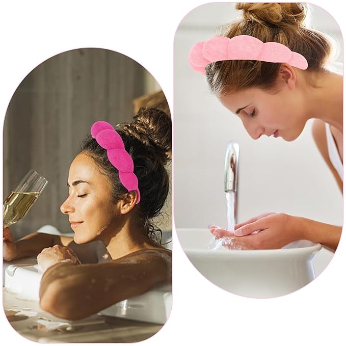 AMCAMI Puffy Spa Headband for Women Sponge Headbands for Girls 2 PCS Terry Towel Cloth Fabric Head Band for Skincare,Makeup Removal,Face Washing,Facial Mask,Shower,Hair Accessories(Red&Light Pink)